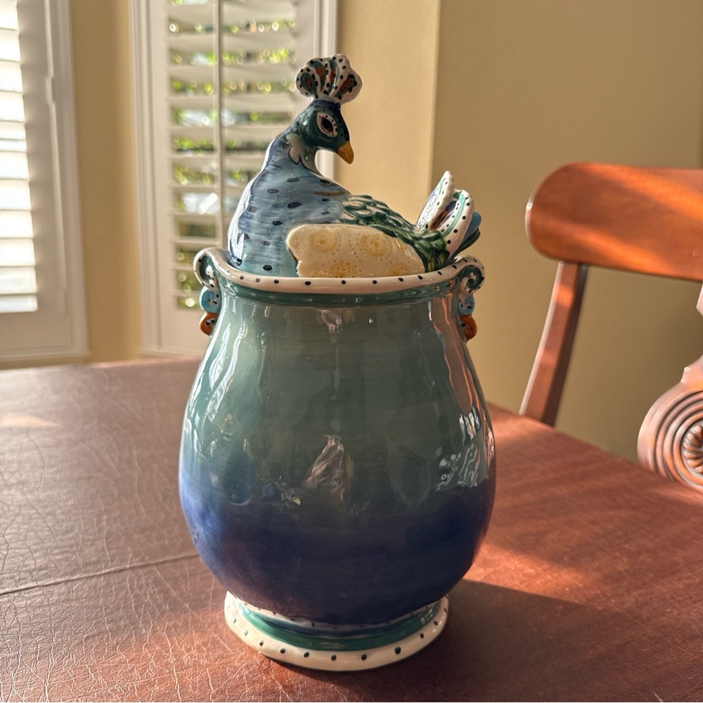 SOLD Blue Sky Clayworks Heather Goldminc Porcelain Peacock Cookie Jar RARE; 12”